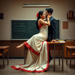 An alluring and romantic scene featuring a confident and voluptuous Thai woman, dressed elegantly in a muga mekhela chadar with a cream and red color combination, a red blouse, and high heels