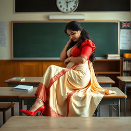 An alluring and romantic scene featuring a confident and voluptuous Thai woman, dressed elegantly in a muga mekhela chadar with a cream and red color combination, a red blouse, and high heels