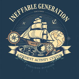 A vintage-inspired t-shirt design with a nautical theme, featuring an intricately detailed ship, a classic compass, a globe, binoculars, and a magnifying glass
