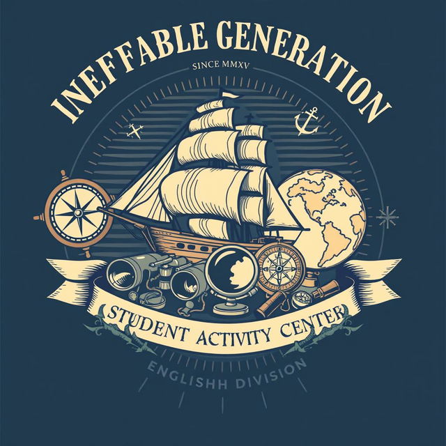 A vintage-inspired t-shirt design with a nautical theme, featuring an intricately detailed ship, a classic compass, a globe, binoculars, and a magnifying glass
