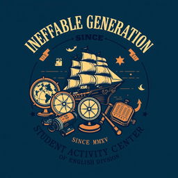 A vintage-inspired t-shirt design with a nautical theme, featuring an intricately detailed ship, a classic compass, a globe, binoculars, and a magnifying glass