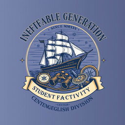 A vintage-inspired t-shirt design with a nautical theme, featuring an intricately detailed ship, a classic compass, a globe, binoculars, and a magnifying glass