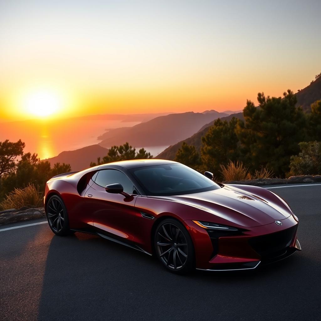 sleek, modern car with aerodynamic design, glossy red paint, chrome detailing, parked on a scenic mountain road at sunset, surrounded by lush green trees and a distant view of the sea, reflecting the golden hues of the setting sun