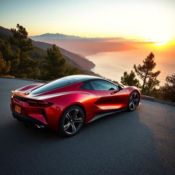 sleek, modern car with aerodynamic design, glossy red paint, chrome detailing, parked on a scenic mountain road at sunset, surrounded by lush green trees and a distant view of the sea, reflecting the golden hues of the setting sun