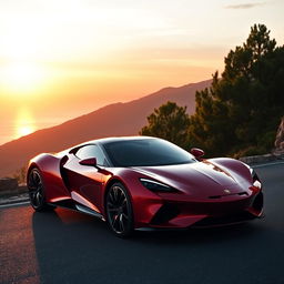 sleek, modern car with aerodynamic design, glossy red paint, chrome detailing, parked on a scenic mountain road at sunset, surrounded by lush green trees and a distant view of the sea, reflecting the golden hues of the setting sun