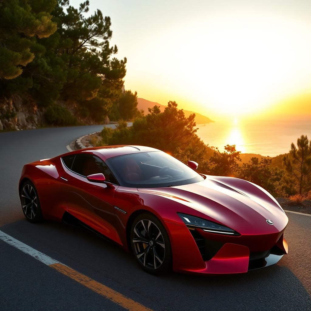 sleek, modern car with aerodynamic design, glossy red paint, chrome detailing, parked on a scenic mountain road at sunset, surrounded by lush green trees and a distant view of the sea, reflecting the golden hues of the setting sun