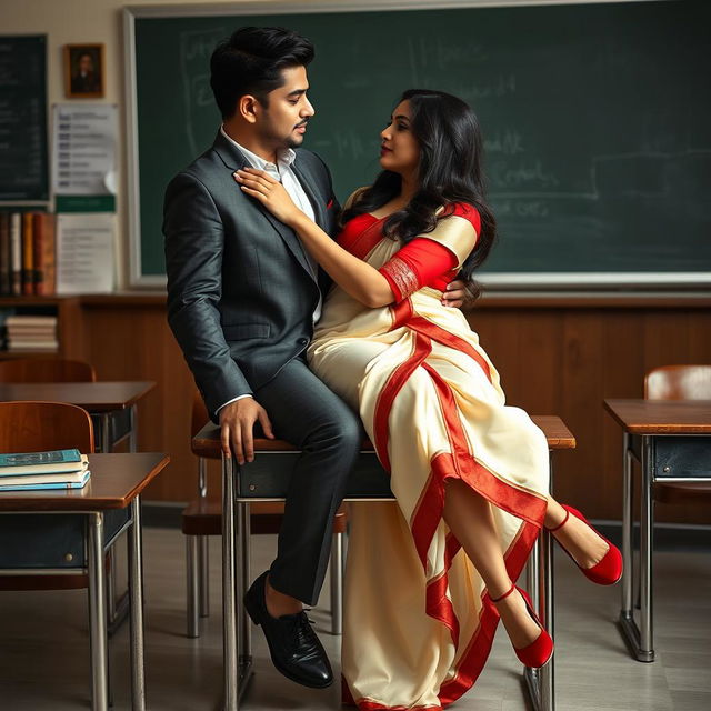 A romantic and suggestive scene featuring a voluptuous Thai woman adorned in a cream and red combination muga mekhela chadar with a striking red blouse and elegant high heels