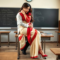 A romantic and suggestive scene featuring a voluptuous Thai woman adorned in a cream and red combination muga mekhela chadar with a striking red blouse and elegant high heels