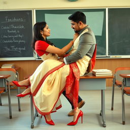 A romantic and suggestive scene featuring a voluptuous Thai woman adorned in a cream and red combination muga mekhela chadar with a striking red blouse and elegant high heels