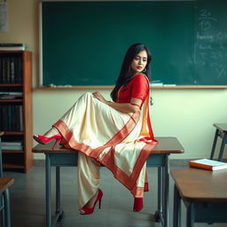 A romantic and suggestive scene featuring a voluptuous Thai woman adorned in a cream and red combination muga mekhela chadar with a striking red blouse and elegant high heels