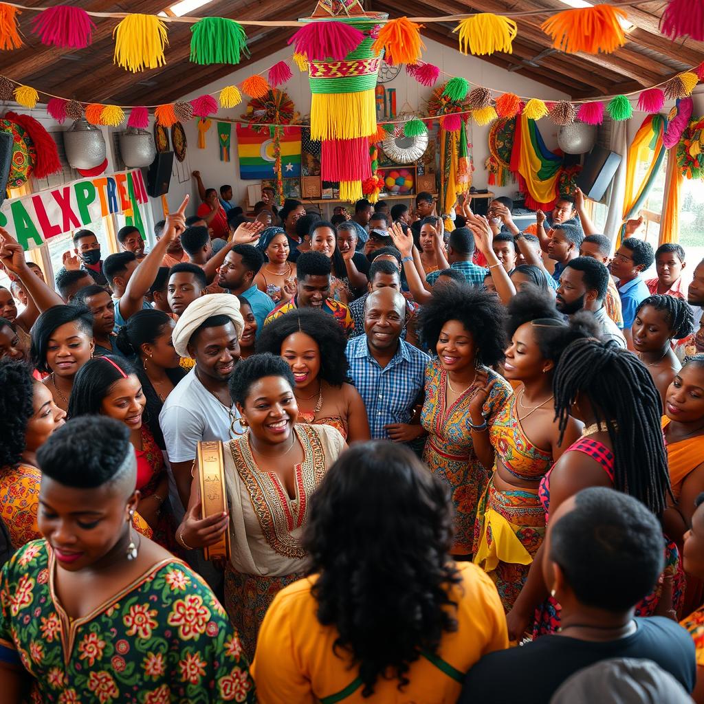 A gathering of Afro-descendant individuals in a lively and joyful community setting