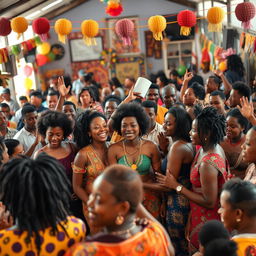 A gathering of Afro-descendant individuals in a lively and joyful community setting