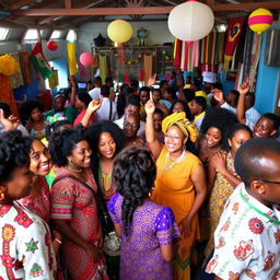 A gathering of Afro-descendant individuals in a lively and joyful community setting