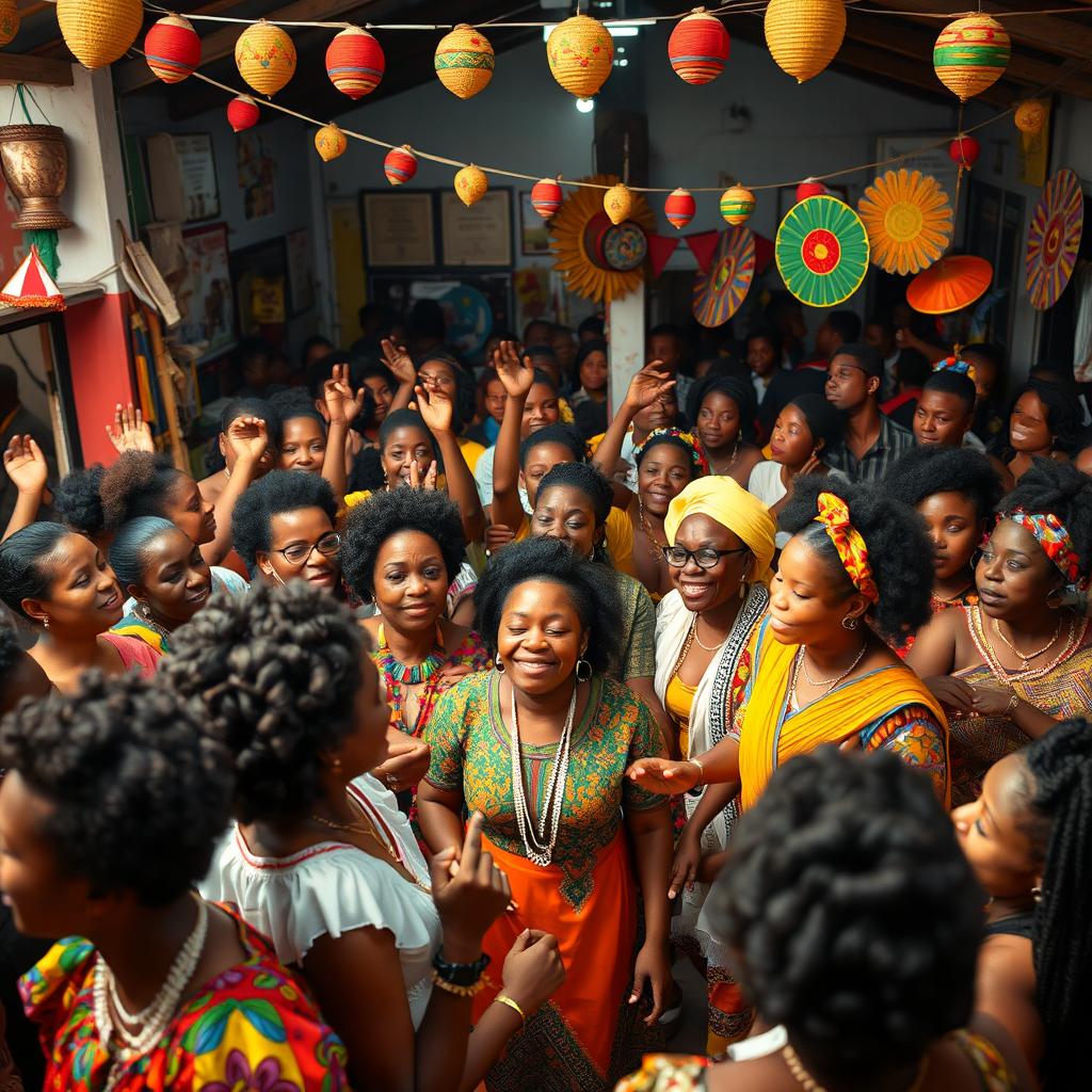 A gathering of Afro-descendant individuals in a lively and joyful community setting