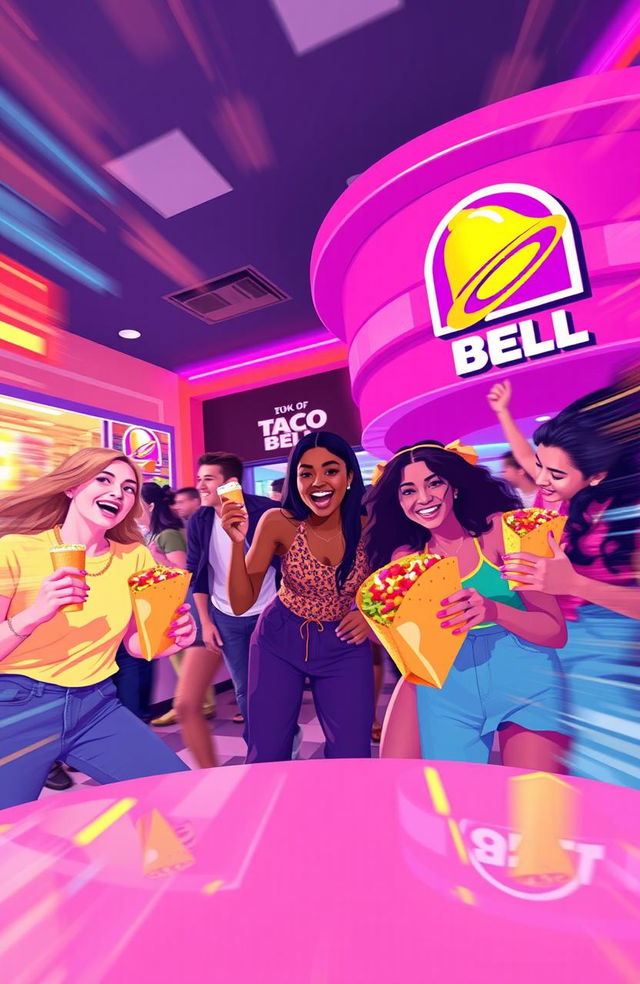 A vibrant and dynamic illustration capturing the essence of a 2022 Taco Bell TV commercial combined with the playful spirit of TikTok