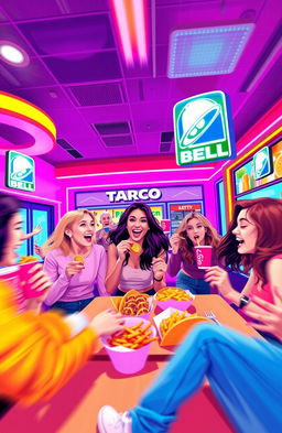 A vibrant and dynamic illustration capturing the essence of a 2022 Taco Bell TV commercial combined with the playful spirit of TikTok