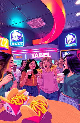 A vibrant and dynamic illustration capturing the essence of a 2022 Taco Bell TV commercial combined with the playful spirit of TikTok