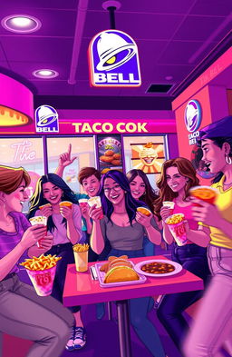 A vibrant and dynamic illustration capturing the essence of a 2022 Taco Bell TV commercial combined with the playful spirit of TikTok