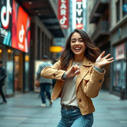 A 2022 TV-style TikTok scene showcasing a young adult woman in a trendy urban setting