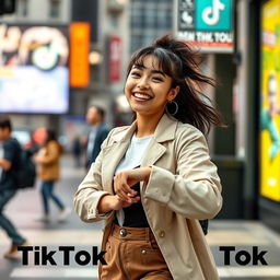 A 2022 TV-style TikTok scene showcasing a young adult woman in a trendy urban setting