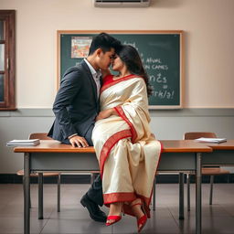 An intimate and romantic scene featuring a sensual and curvy Thai woman, adorned in a striking muga mekhela chadar with a cream and red combination, paired with a red blouse and stylish high heels
