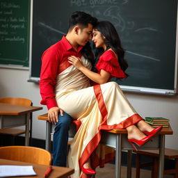 An intimate and romantic scene featuring a sensual and curvy Thai woman, adorned in a striking muga mekhela chadar with a cream and red combination, paired with a red blouse and stylish high heels