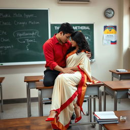 An intimate and romantic scene featuring a sensual and curvy Thai woman, adorned in a striking muga mekhela chadar with a cream and red combination, paired with a red blouse and stylish high heels