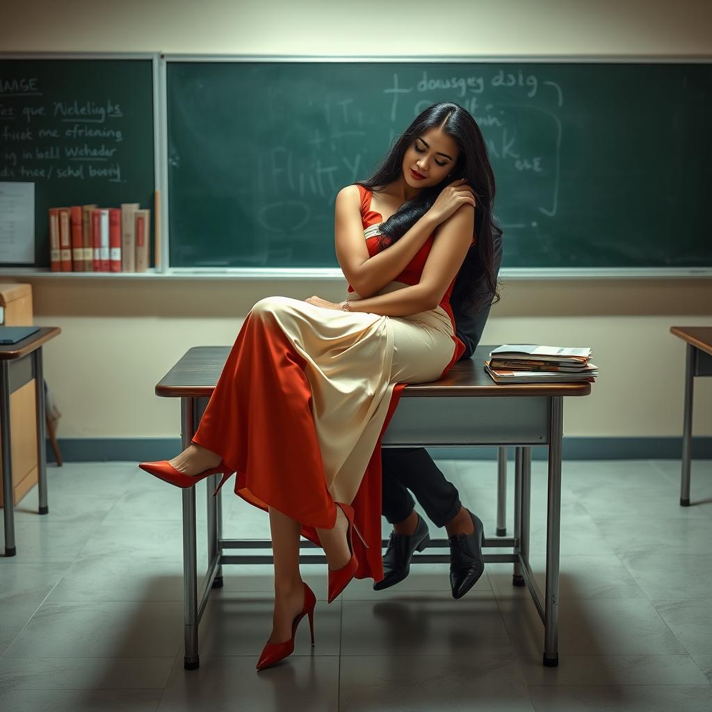 An intimate and romantic scene featuring a sensual and curvy Thai woman, adorned in a striking muga mekhela chadar with a cream and red combination, paired with a red blouse and stylish high heels