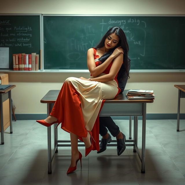 An intimate and romantic scene featuring a sensual and curvy Thai woman, adorned in a striking muga mekhela chadar with a cream and red combination, paired with a red blouse and stylish high heels