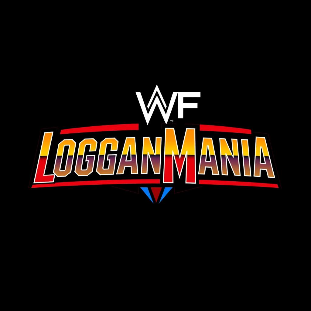 Retro WWF WrestleMania style logo with the text 'LOGANMANIA', featuring bold and vibrant colors typically associated with the 80s and 90s wrestling era