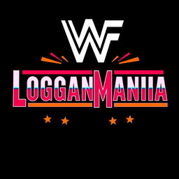 Retro WWF WrestleMania style logo with the text 'LOGANMANIA', featuring bold and vibrant colors typically associated with the 80s and 90s wrestling era