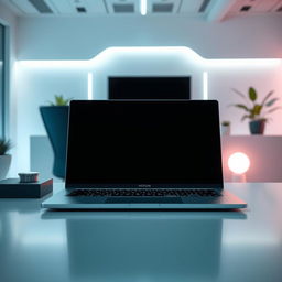 A modern and sleek laptop set up in a futuristic workspace environment