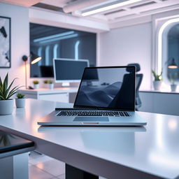 A modern and sleek laptop set up in a futuristic workspace environment