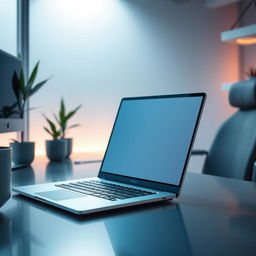 A modern and sleek laptop set up in a futuristic workspace environment