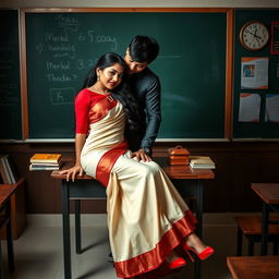 An intimate and evocative scene featuring a sensual Thai woman, depicted with voluptuous curves, adorned in a stylish muga mekhela chadar with cream and red hues, complemented by a red blouse and high heels