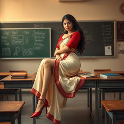 An intimate and evocative scene featuring a sensual Thai woman, depicted with voluptuous curves, adorned in a stylish muga mekhela chadar with cream and red hues, complemented by a red blouse and high heels