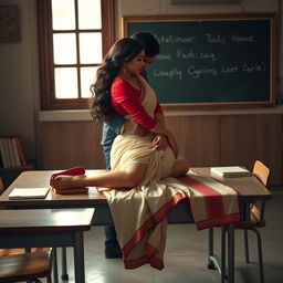 An intimate and evocative scene featuring a sensual Thai woman, depicted with voluptuous curves, adorned in a stylish muga mekhela chadar with cream and red hues, complemented by a red blouse and high heels