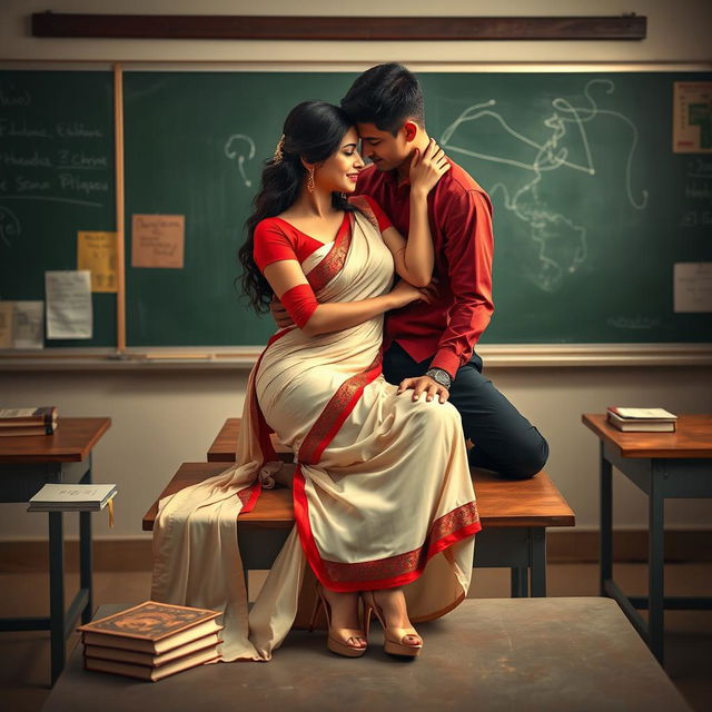 An intimate and evocative scene featuring a sensual Thai woman, depicted with voluptuous curves, adorned in a stylish muga mekhela chadar with cream and red hues, complemented by a red blouse and high heels