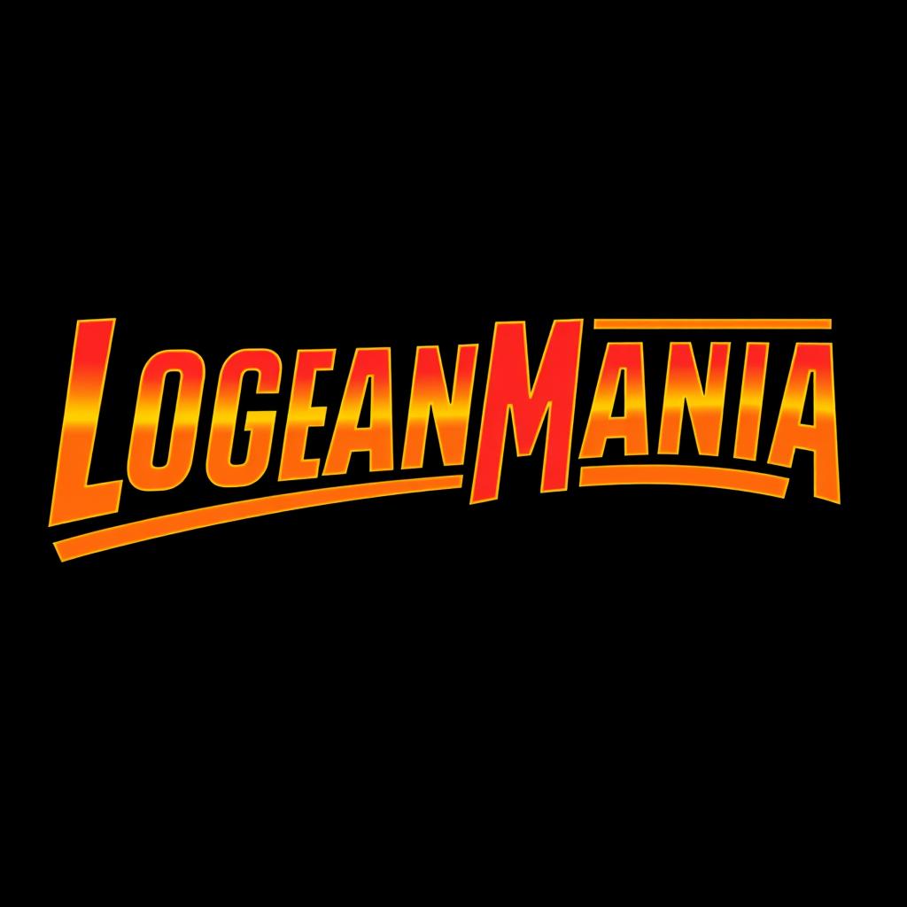 A retro-style logo that mimics the iconic 1980s WWF wrestling logo featuring the word "LOGANMANIA"