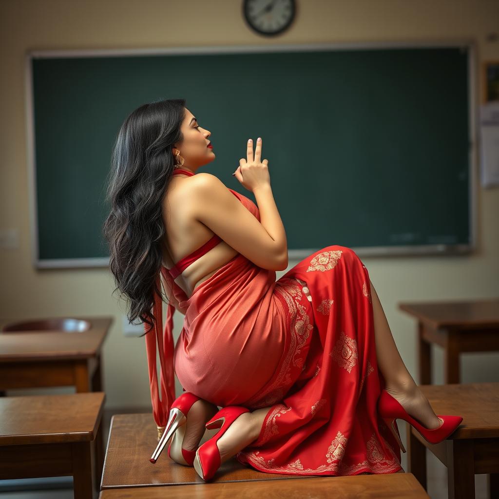 a sultry and captivating Thai teacher with an alluring figure and big boobs, dressed in a muga and red mekhela chadar with a complementing red blouse and high heels