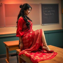 a sultry and captivating Thai teacher with an alluring figure and big boobs, dressed in a muga and red mekhela chadar with a complementing red blouse and high heels