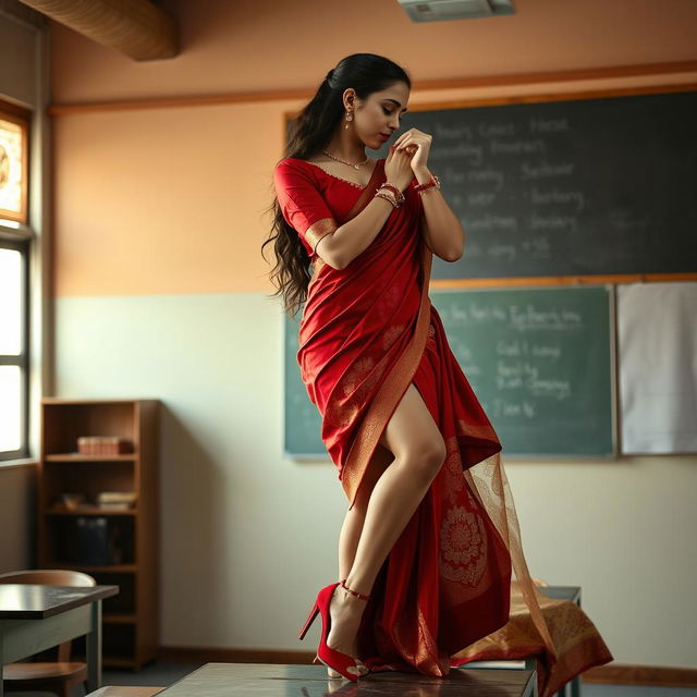 a sultry and captivating Thai teacher with an alluring figure and big boobs, dressed in a muga and red mekhela chadar with a complementing red blouse and high heels