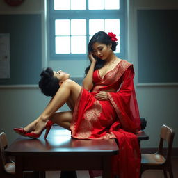 a sultry and captivating Thai teacher with an alluring figure and big boobs, dressed in a muga and red mekhela chadar with a complementing red blouse and high heels