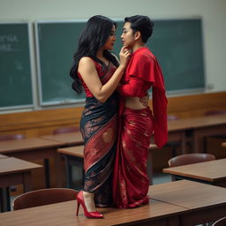 a voluptuous and captivating Thai teacher with an alluring figure, dressed in a muga and red mekhela chadar, complemented by a stylish red blouse and high heels