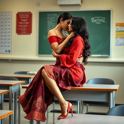 a voluptuous and captivating Thai teacher with an alluring figure, dressed in a muga and red mekhela chadar, complemented by a stylish red blouse and high heels