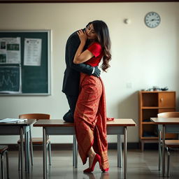 a voluptuous and captivating Thai teacher with an alluring figure, dressed in a muga and red mekhela chadar, complemented by a stylish red blouse and high heels