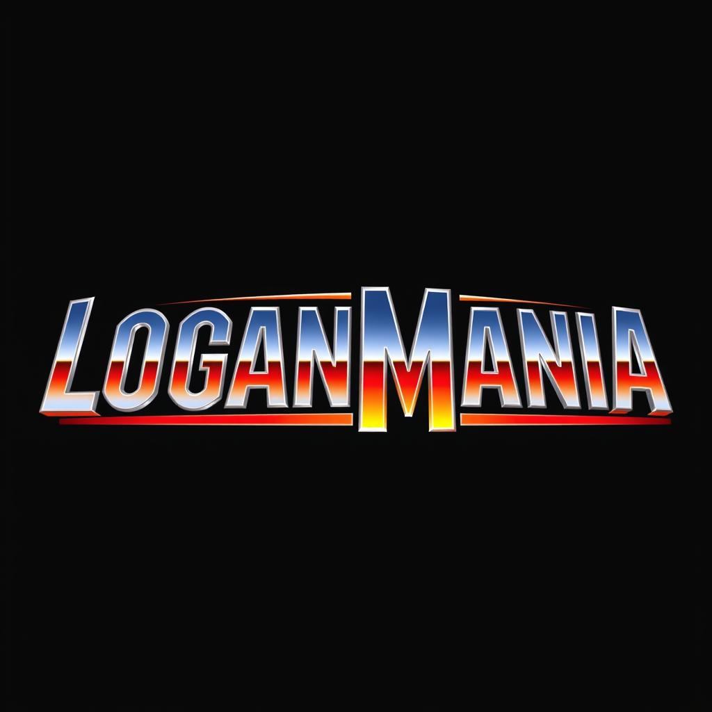 "LOGANMANIA" written in Wrestlemania style, using a chrome font with a sunset gradient within the letters, set against a stark black background