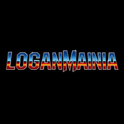 "LOGANMANIA" written in Wrestlemania style, using a chrome font with a sunset gradient within the letters, set against a stark black background