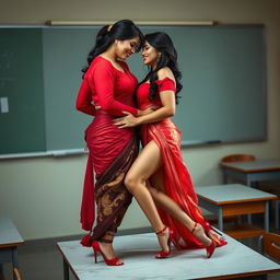 a voluptuous and alluring Thai teacher with a captivating figure, dressed in a muga and red mekhela chadar, complemented by a red blouse and high heels