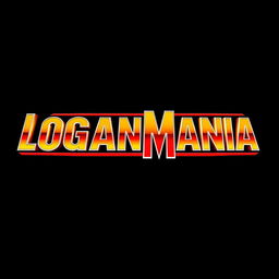 WrestleMania style chrome font spelling out "LOGANMANIA" with a bold yellow to red gradient filling the letters, all set against a deep black background, capturing the dramatic and energetic feel of a wrestling championship